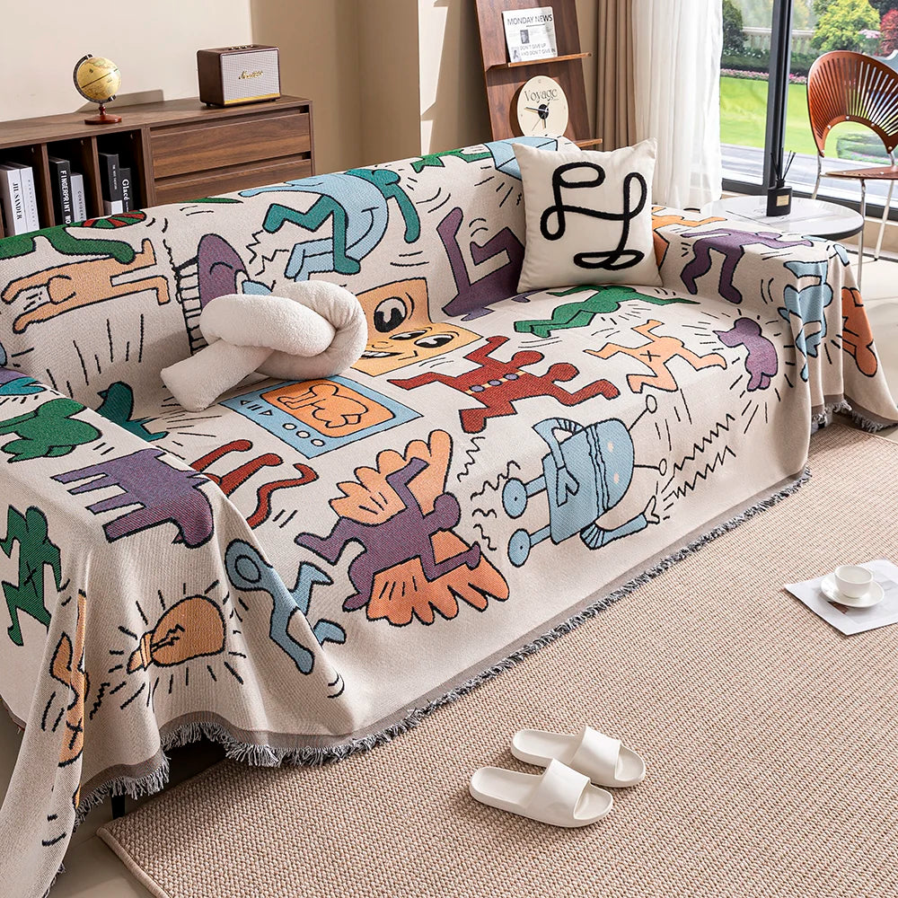 Cartoon Cat Sofa Cover & Blanket with Tassels
