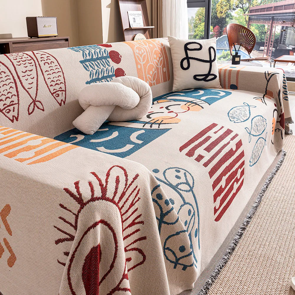 Cartoon Cat Sofa Cover & Blanket with Tassels