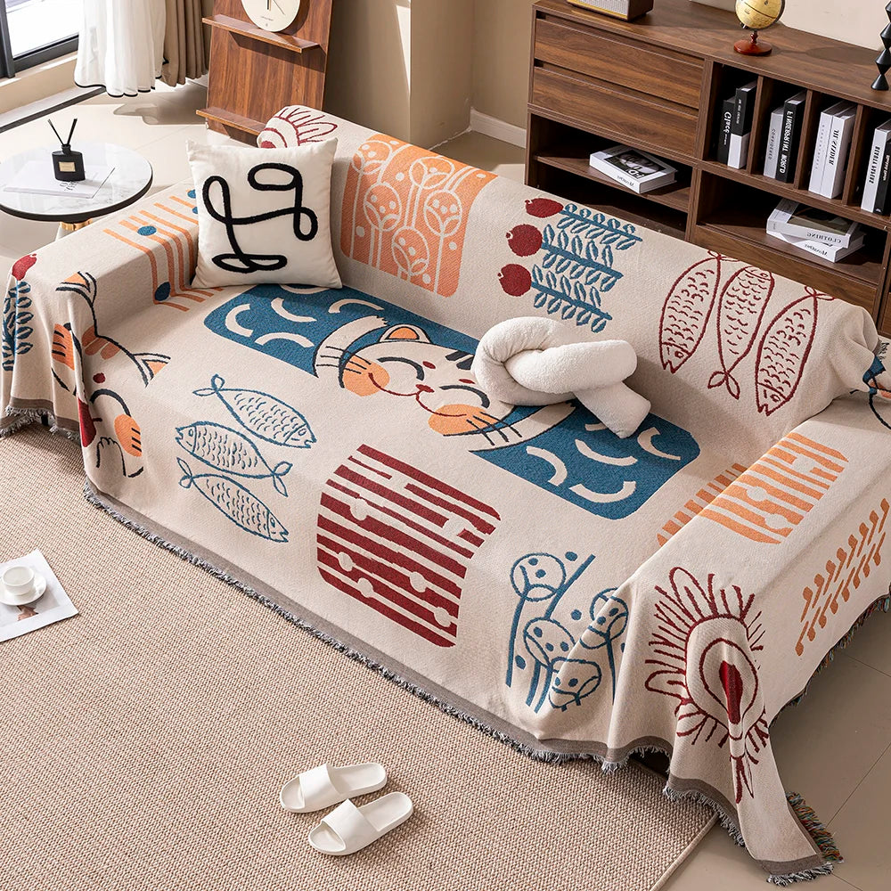 Cartoon Cat Sofa Cover & Blanket with Tassels