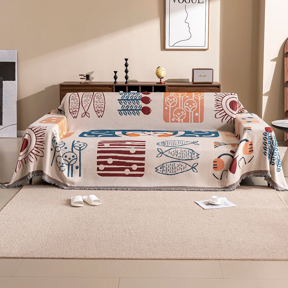 Cartoon Cat Sofa Cover & Blanket with Tassels