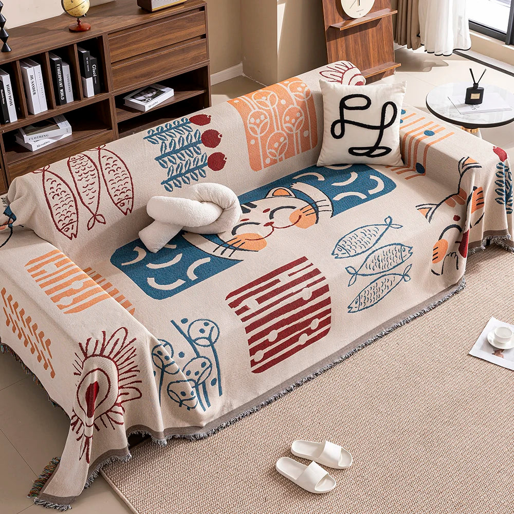 Cartoon Cat Sofa Cover & Blanket with Tassels
