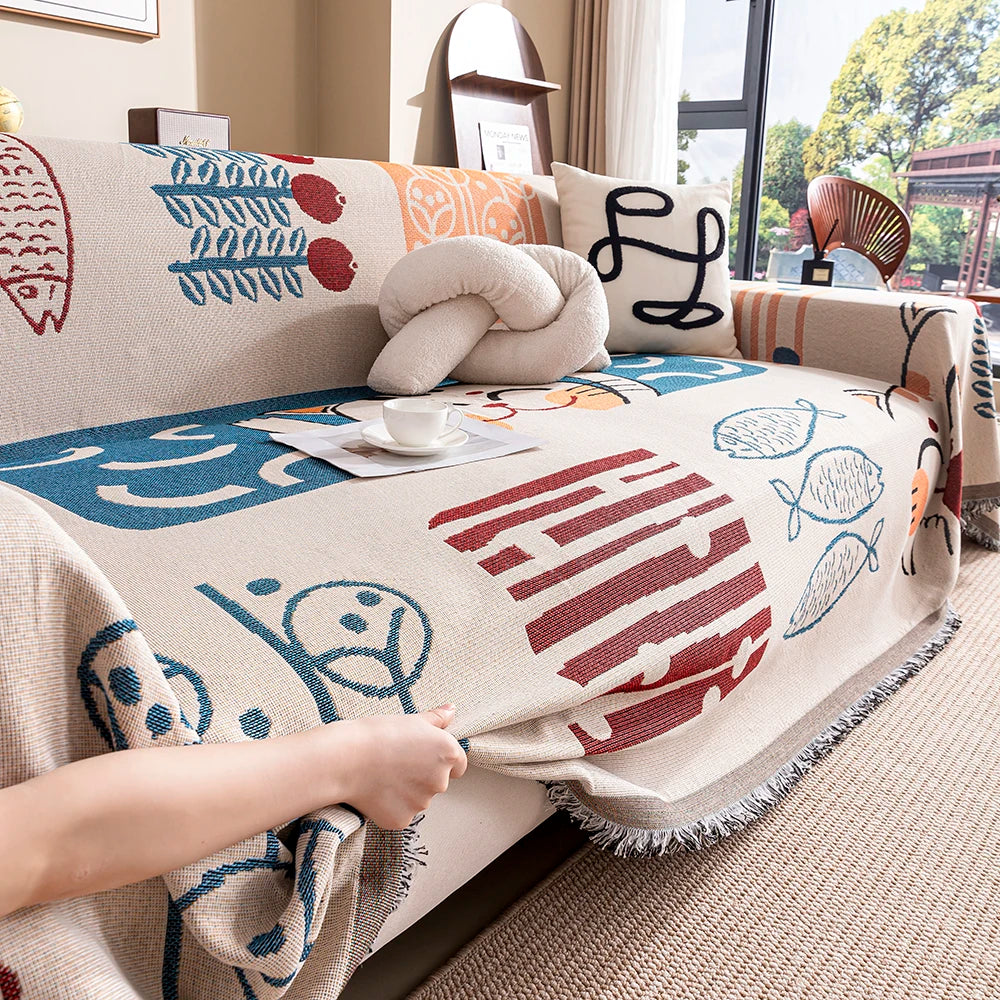 Cartoon Cat Sofa Cover & Blanket with Tassels