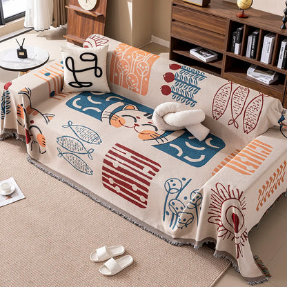 Cartoon Cat Sofa Cover & Blanket with Tassels