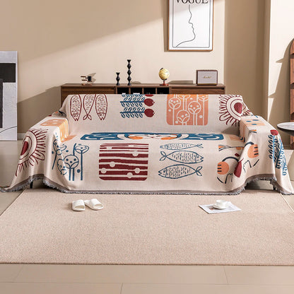 Cartoon Cat Sofa Cover & Blanket with Tassels