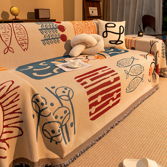 Cartoon Cat Sofa Cover & Blanket with Tassels
