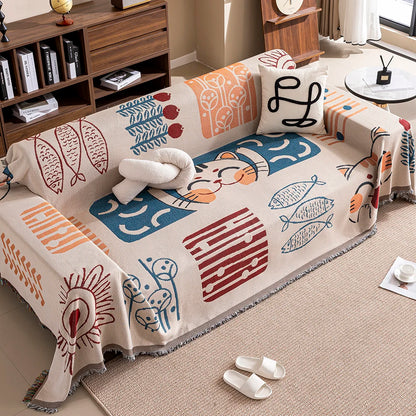 Cartoon Cat Sofa Cover & Blanket with Tassels